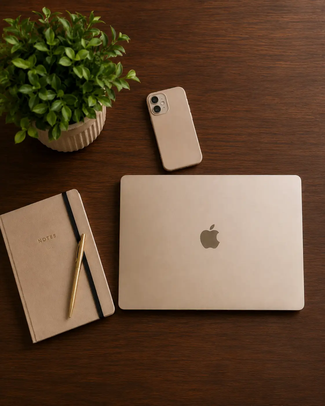 Bureau de travail avec ordinateur, carnet et téléphone pour Oraa Création