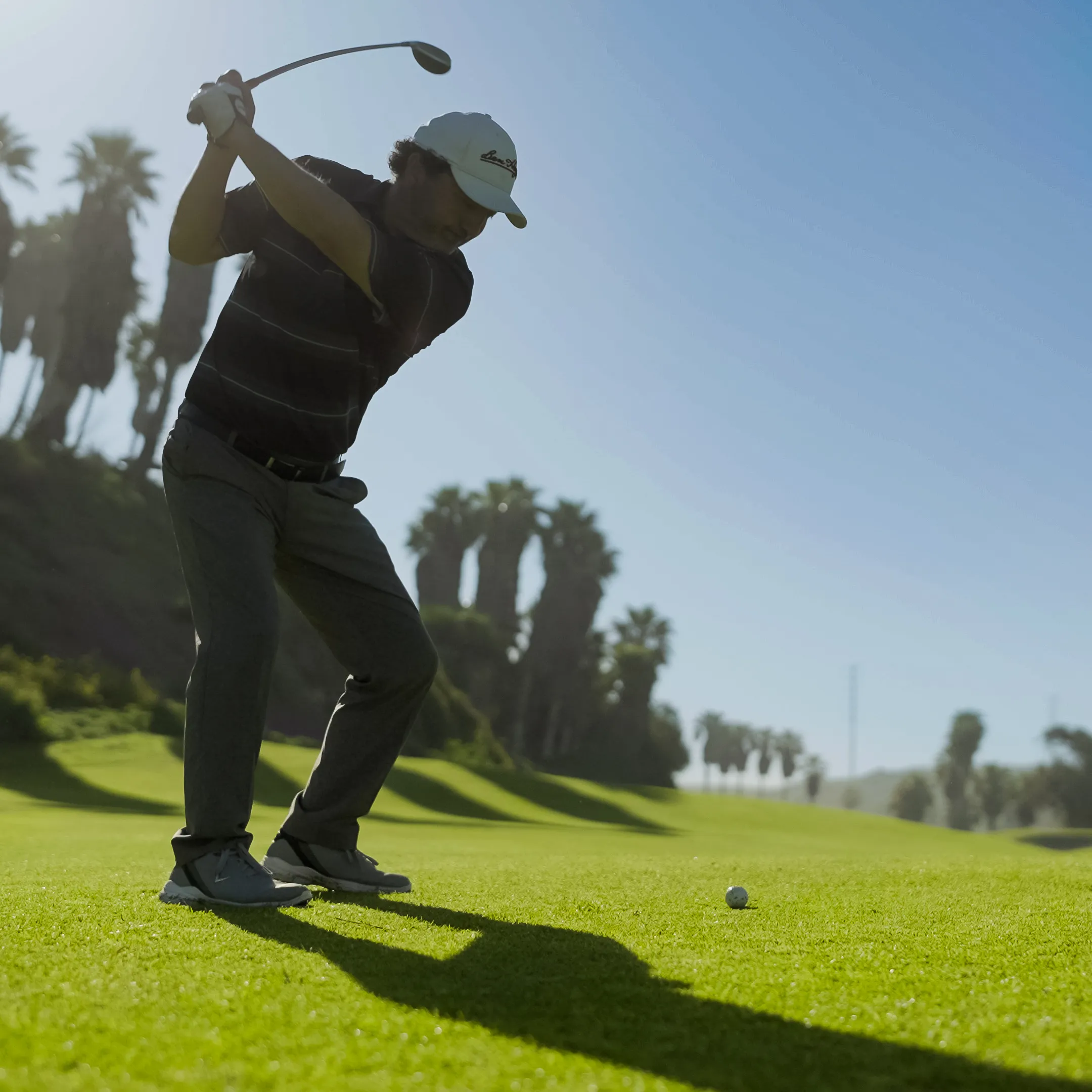 Golfista en postura de golpeo sobre césped verde con palmera al fondo en un campo de golf soleado.