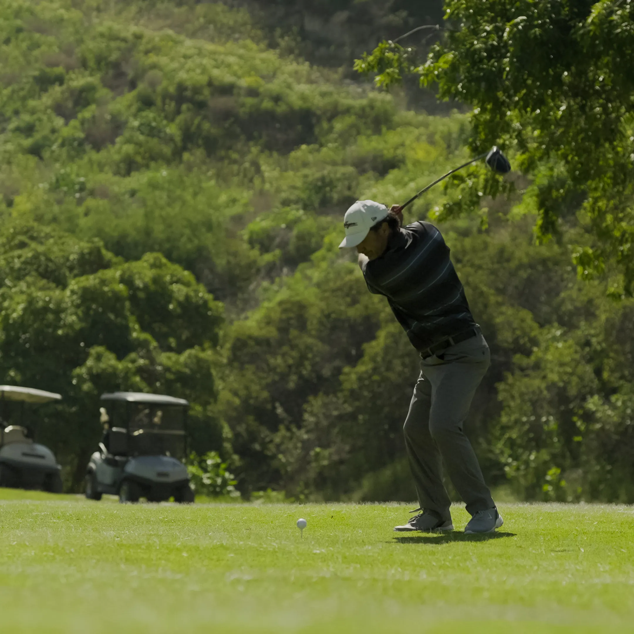 Golfista haciendo un swing en un campo verde con carros de golf y árboles al fondo.