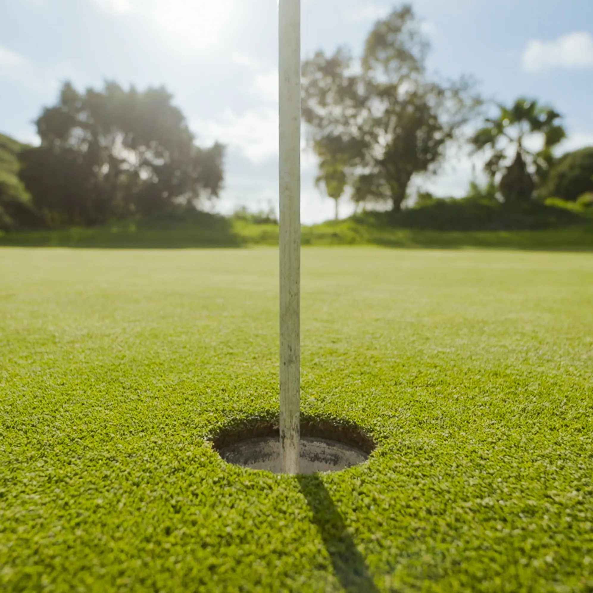 Bandera de golf en un hoyo en un campo de golf con césped verde bajo el sol.