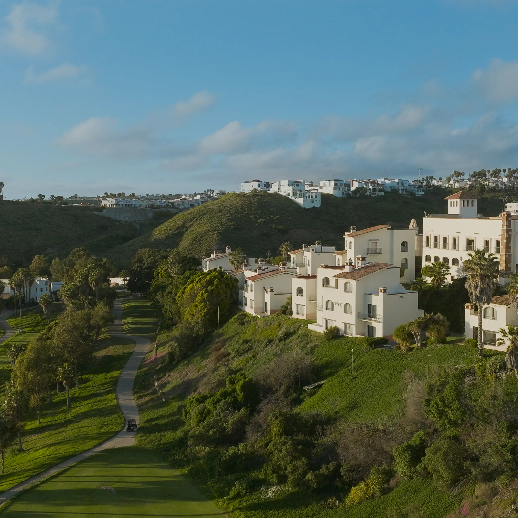 Casas blancas en una colina verde con un camino entre árboles bajo cielo azul con nubes.