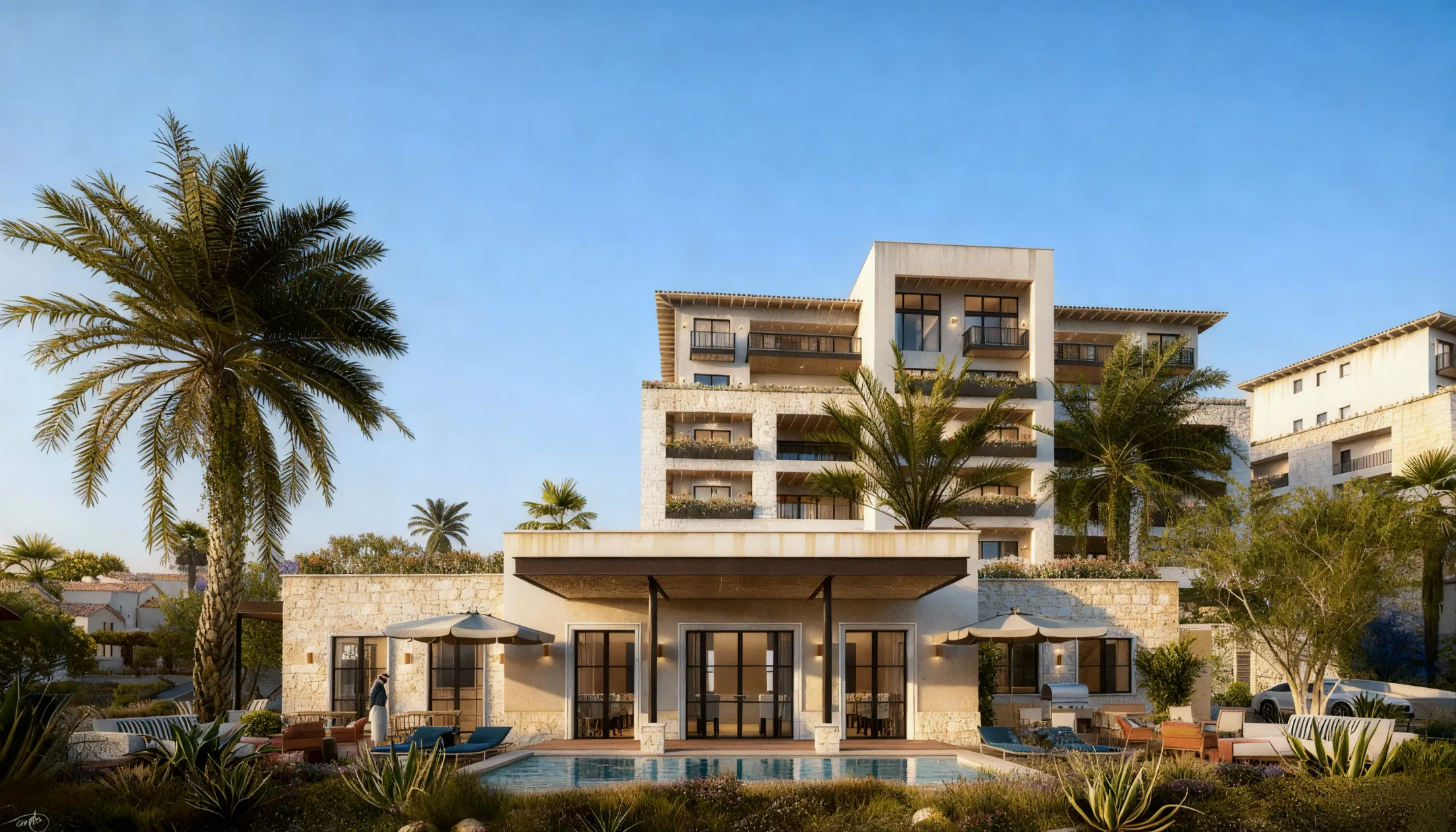 Moderno edificio residencial con palmeras, piscina al frente y áreas de descanso con sombrillas.