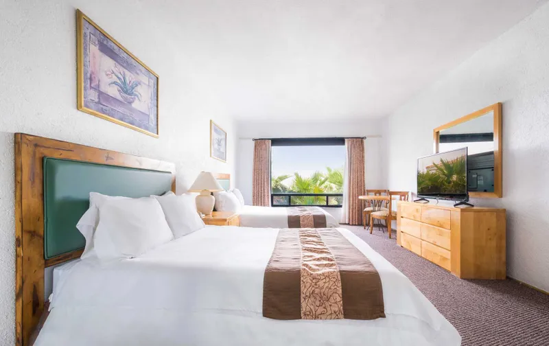 Habitación de hotel con dos camas grandes, mesa, televisión, y ventana con vista a plantas.
