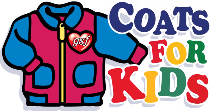 Colorful logo featuring a red and blue coat with a heart emblem and the text 'Coats for Kids' in bold, multicolored letters.