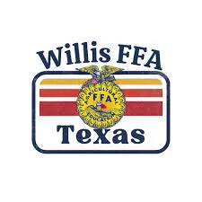 Willis FFA Texas emblem with a stylized sun and red and orange stripes background.