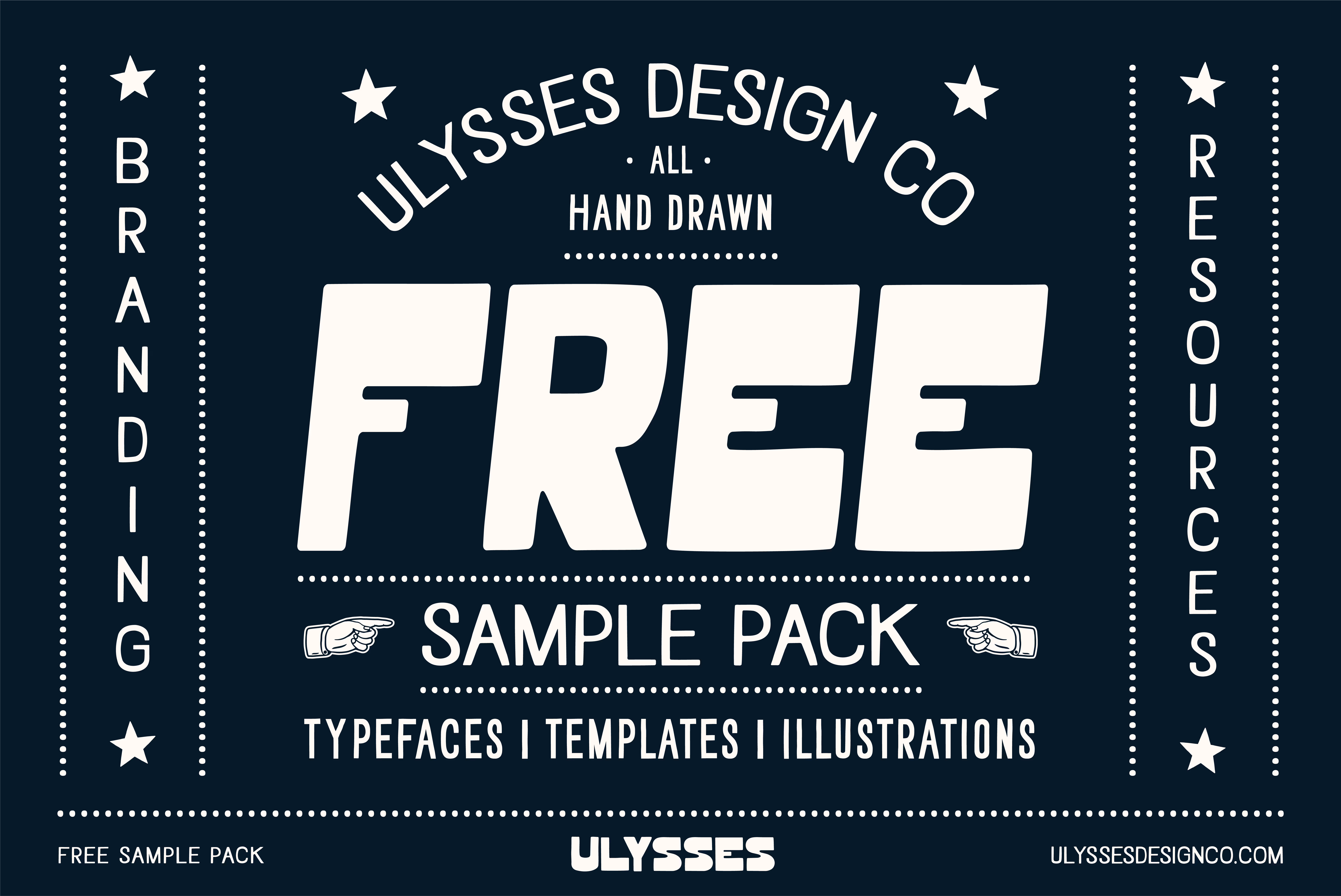 Ulysses Design Co logo with large text offering a free sample pack of hand-drawn typefaces, templates, and illustrations.