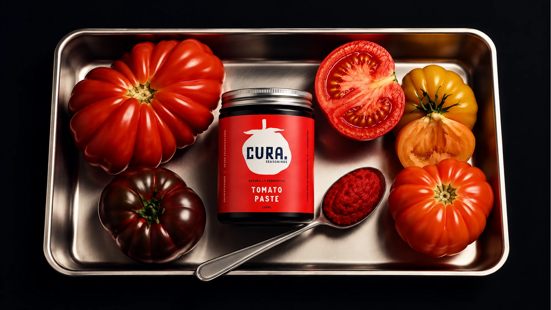 Metal tray holding a jar of CURA Seasonings naturally fermented tomato paste with a spoonful of tomato paste and various whole and halved heirloom tomatoes in red, yellow, and purple hues.