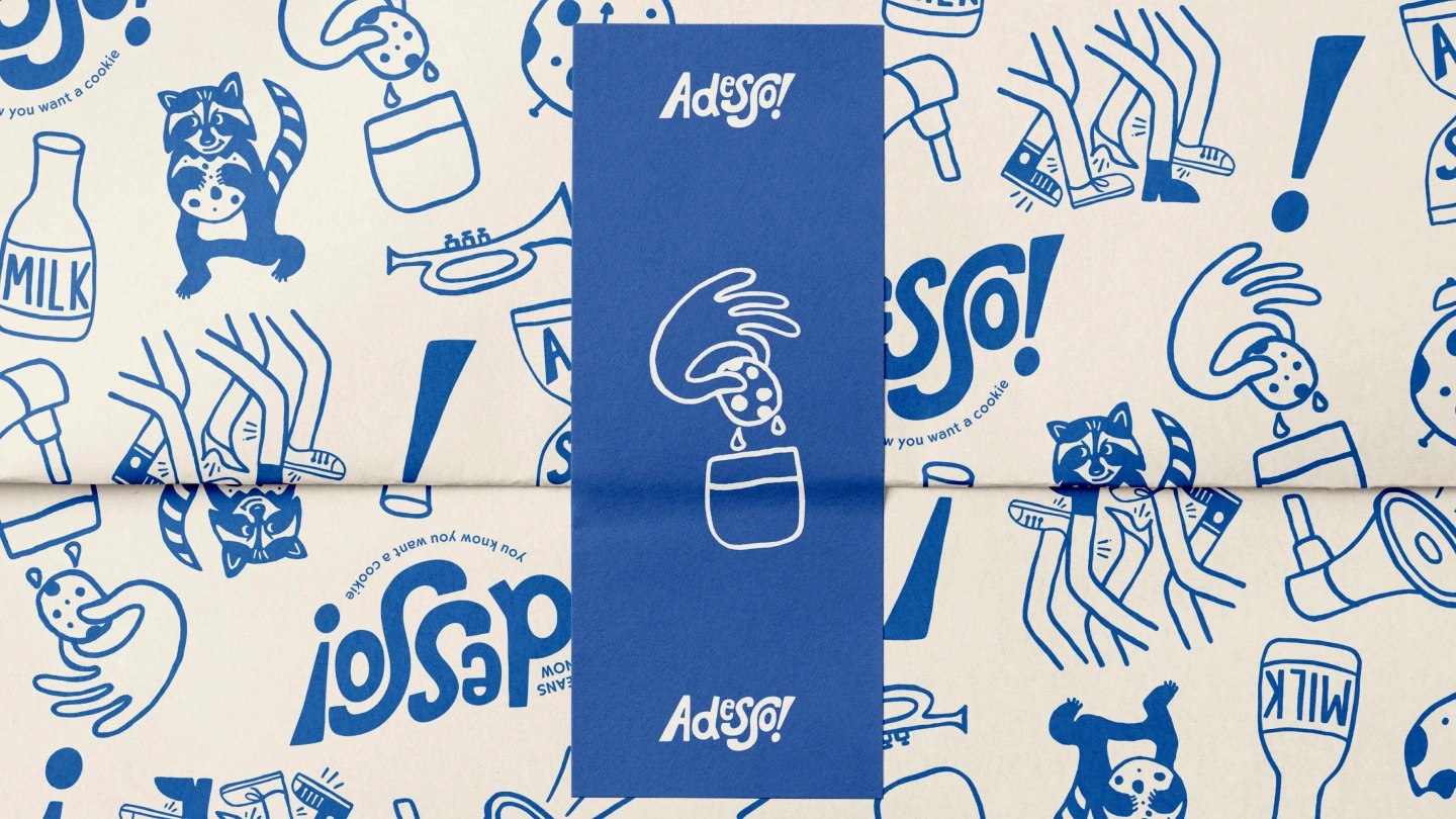 White background with blue illustrations including raccoons holding cookies, hands dunking cookies into glasses of milk, bottles labeled 'MILK', musical instruments, and people dancing. The word 'Adesso!' appears repeatedly in stylized text.
