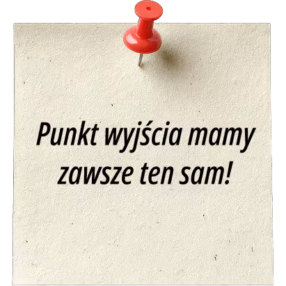 Kartka papieru przypięta czerwonym pinezką z napisem „Punkt wyjścia mamy zawsze ten sam!”
