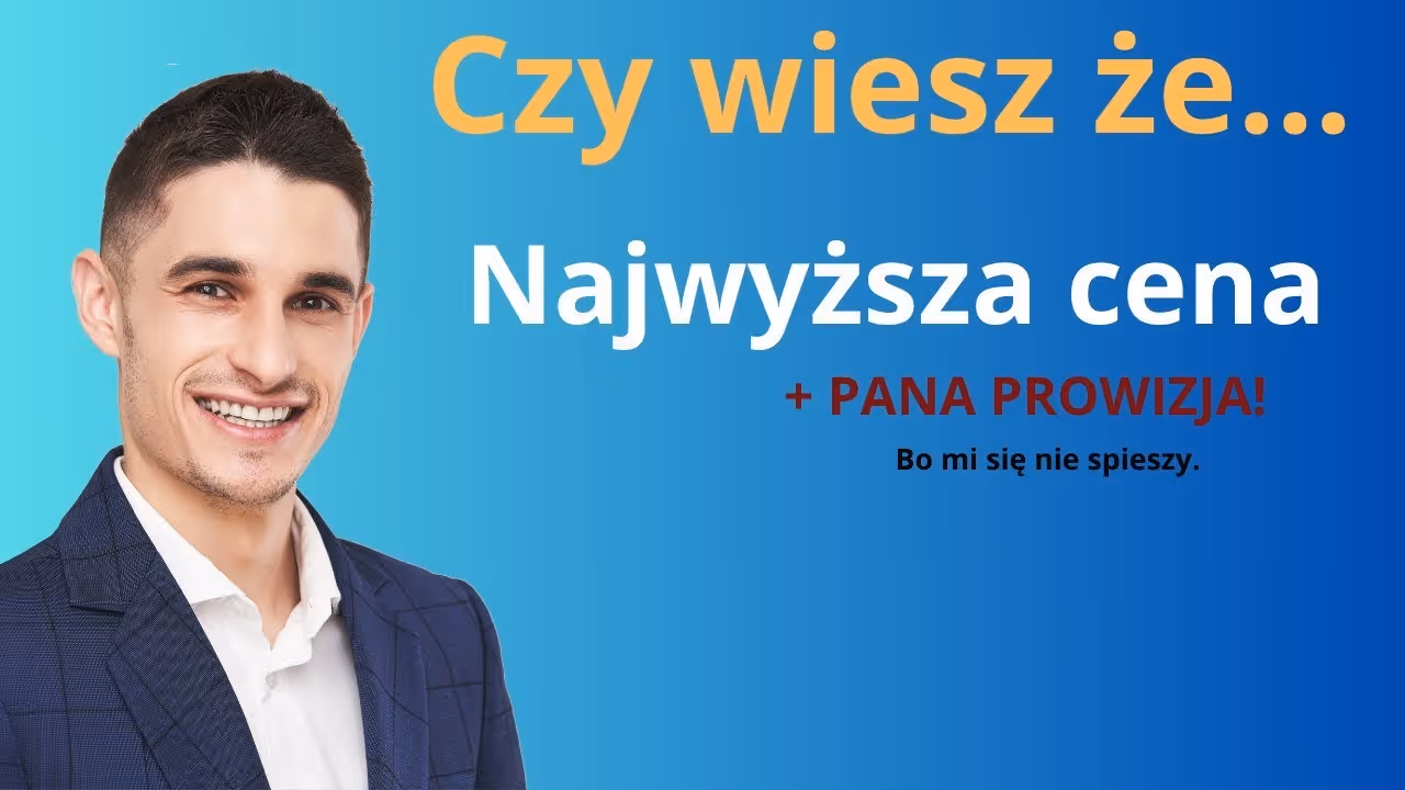 Uśmiechnięty mężczyzna w granatowej marynarce i białej koszuli na niebieskim tle z tekstem o najwyższej cenie i prowizji.