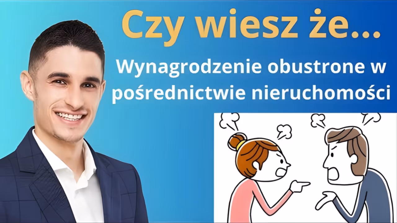 Mężczyzna w marynarce uśmiecha się obok tekstu w języku polskim i rysunku pary kłócącej się ze znakami pary nad głowami.