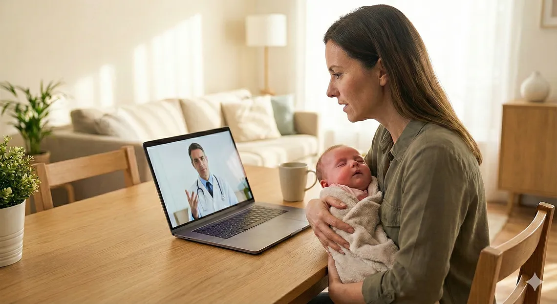 A woman holding a baby while on a virtual call with a doctor
