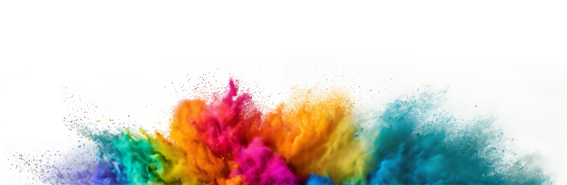 Jember Burst of colorful powder in motion, with vibrant hues of purple, green, yellow, orange, pink, and blue on a white background.