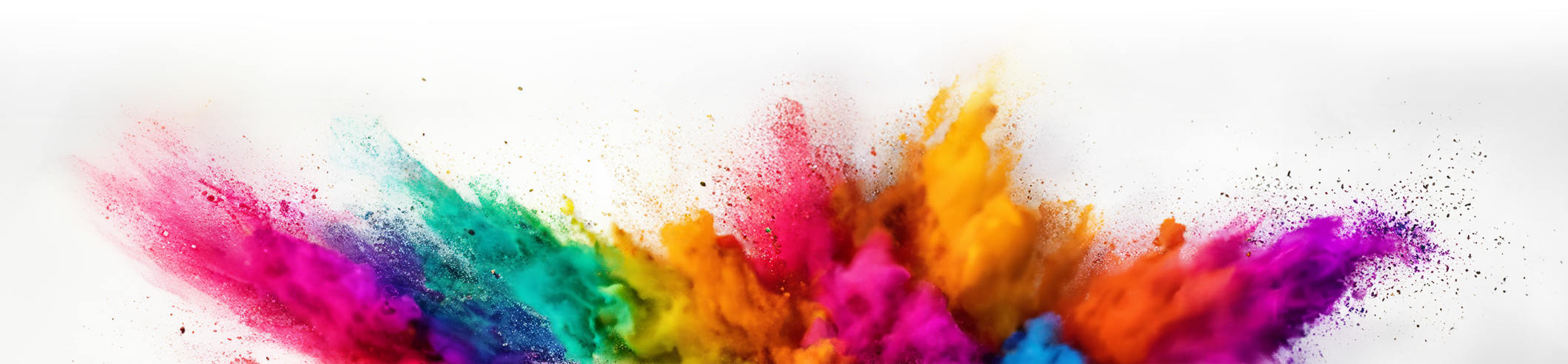 Jember Burst of vibrant colored powder in pink, purple, blue, green, yellow, orange, and red on a white background.