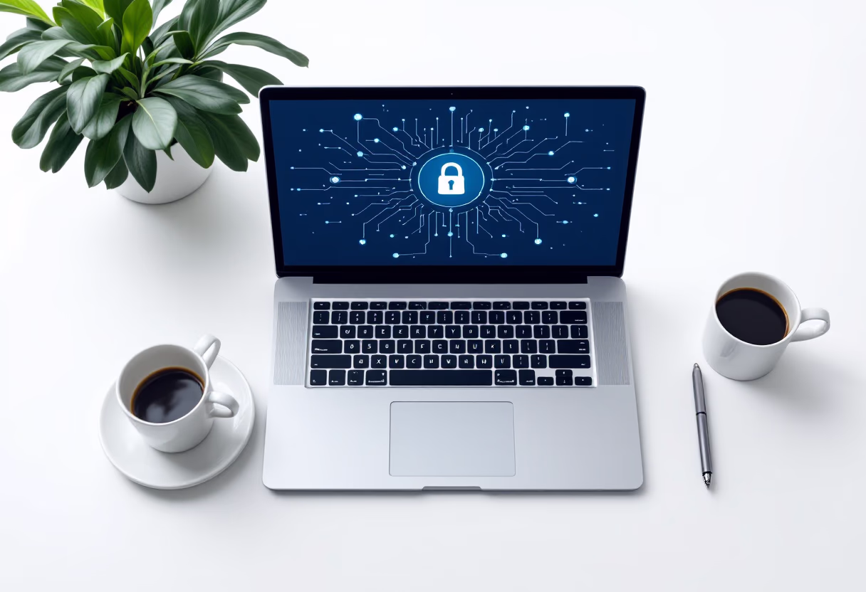 [background image] topdown photo of a desk with a laptop and a coffee cup (for an ai cybersecurity company)