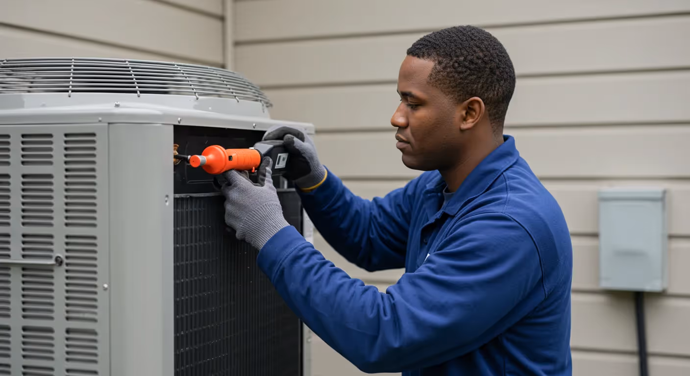 Technician in a blue uniform and gloves adjusting components inside a large outdoor AC condenser