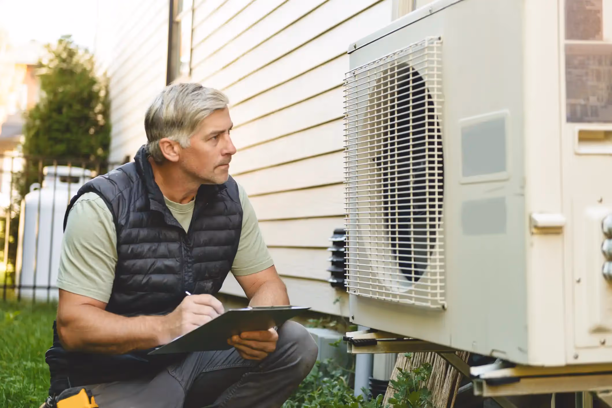 Male HVAC technician crouching outdoors with a clipboard to inspect a residential air condenser.