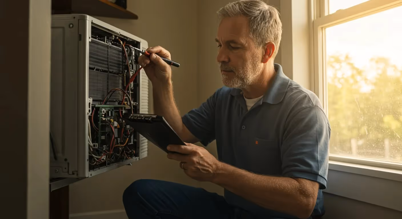 Technician servicing an interior AC unit.