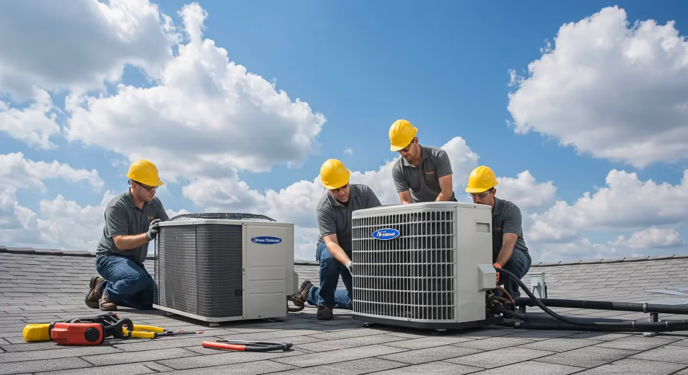 Smiling technician repairing outdoor mini-split unit.