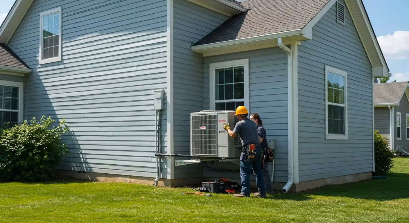 Two technicians install outdoor AC unit.