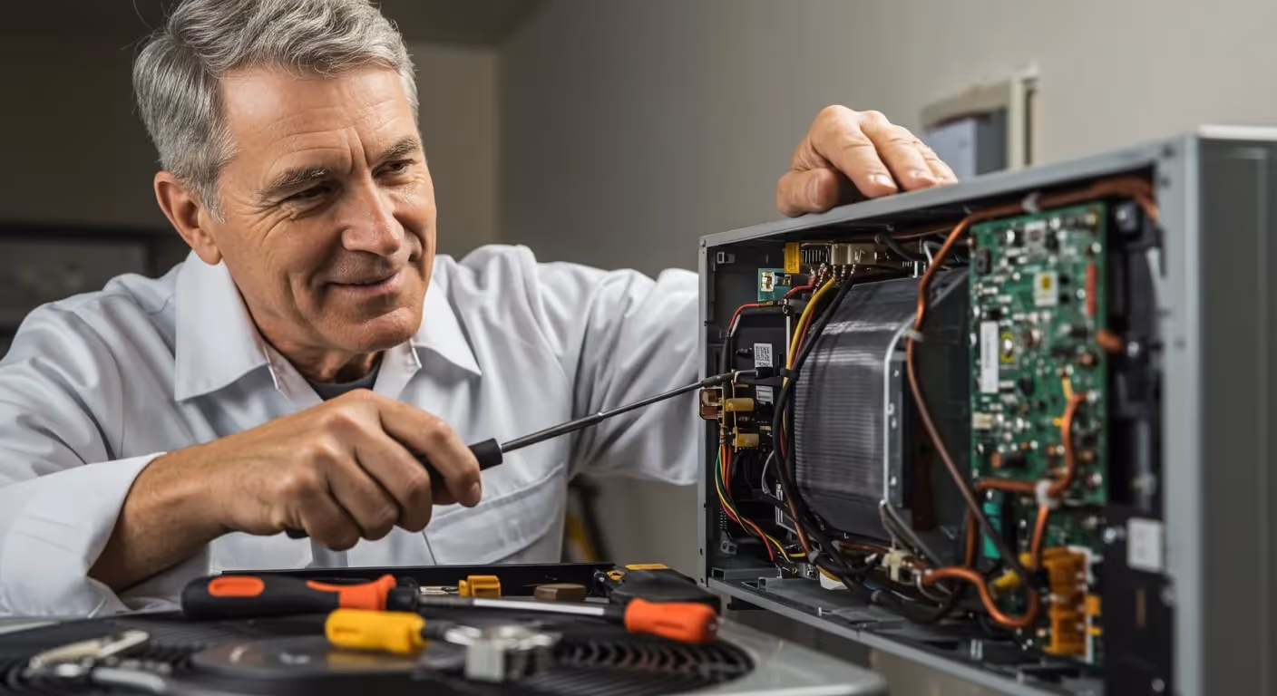 Technician inspects internal AC components.