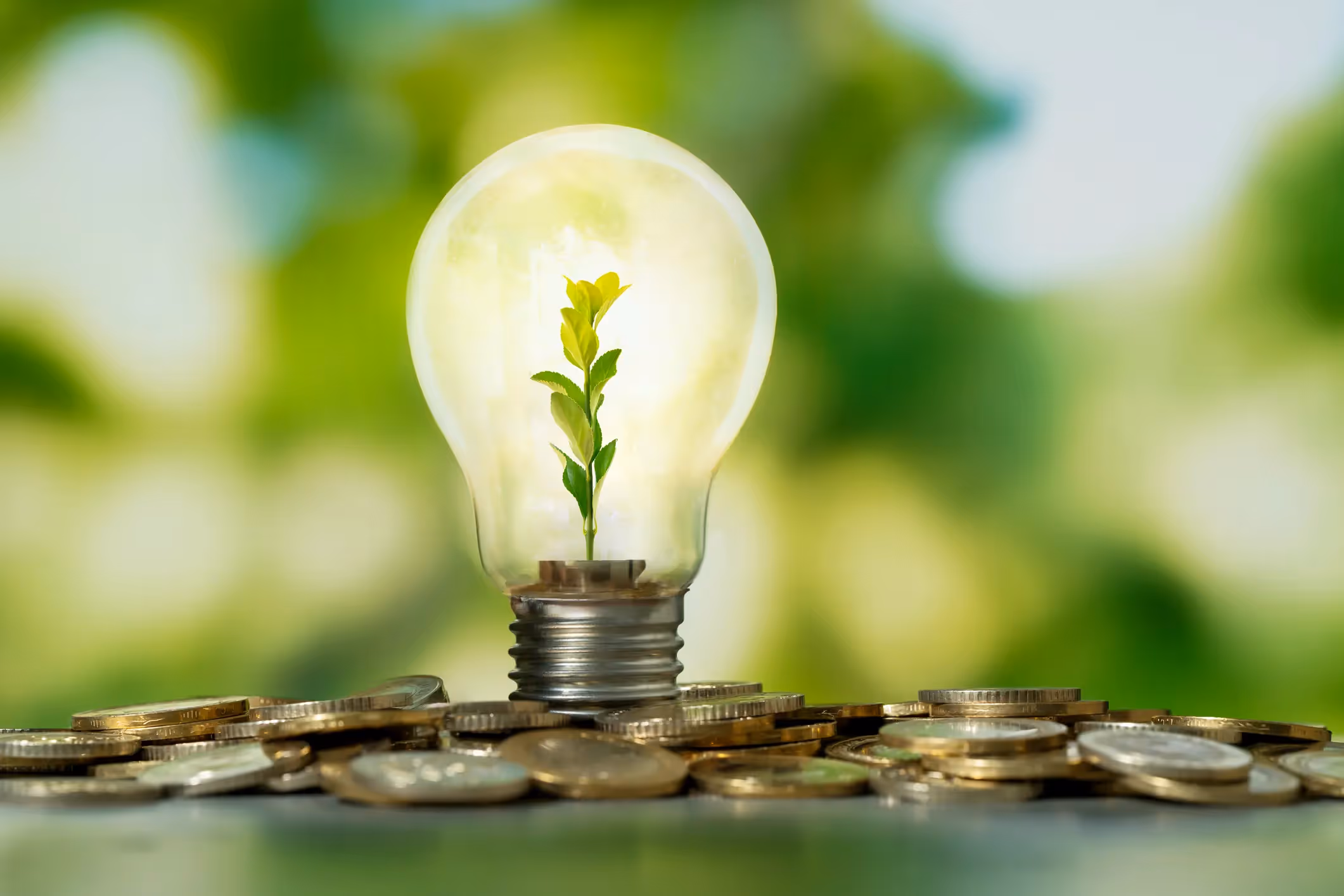 A seedling sprouts inside a glowing light bulb, which is placed on a pile of coins, against a green, blurred background, symbolizing green energy investment.