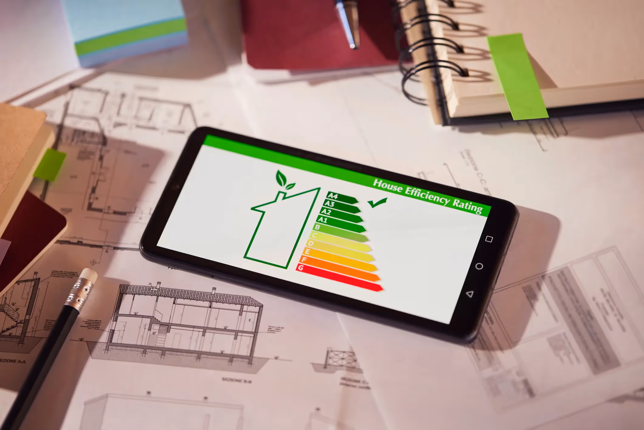 A tablet on a desk with architectural plans displays a digital house efficiency rating on a green-to-red scale, indicating a high 'A4' rating.