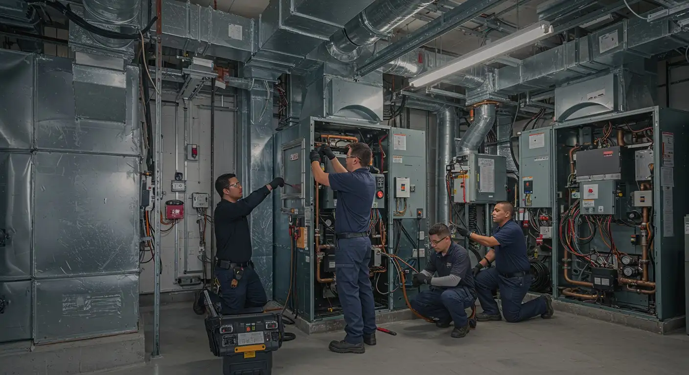 Technicians servicing commercial HVAC equipment indoors.