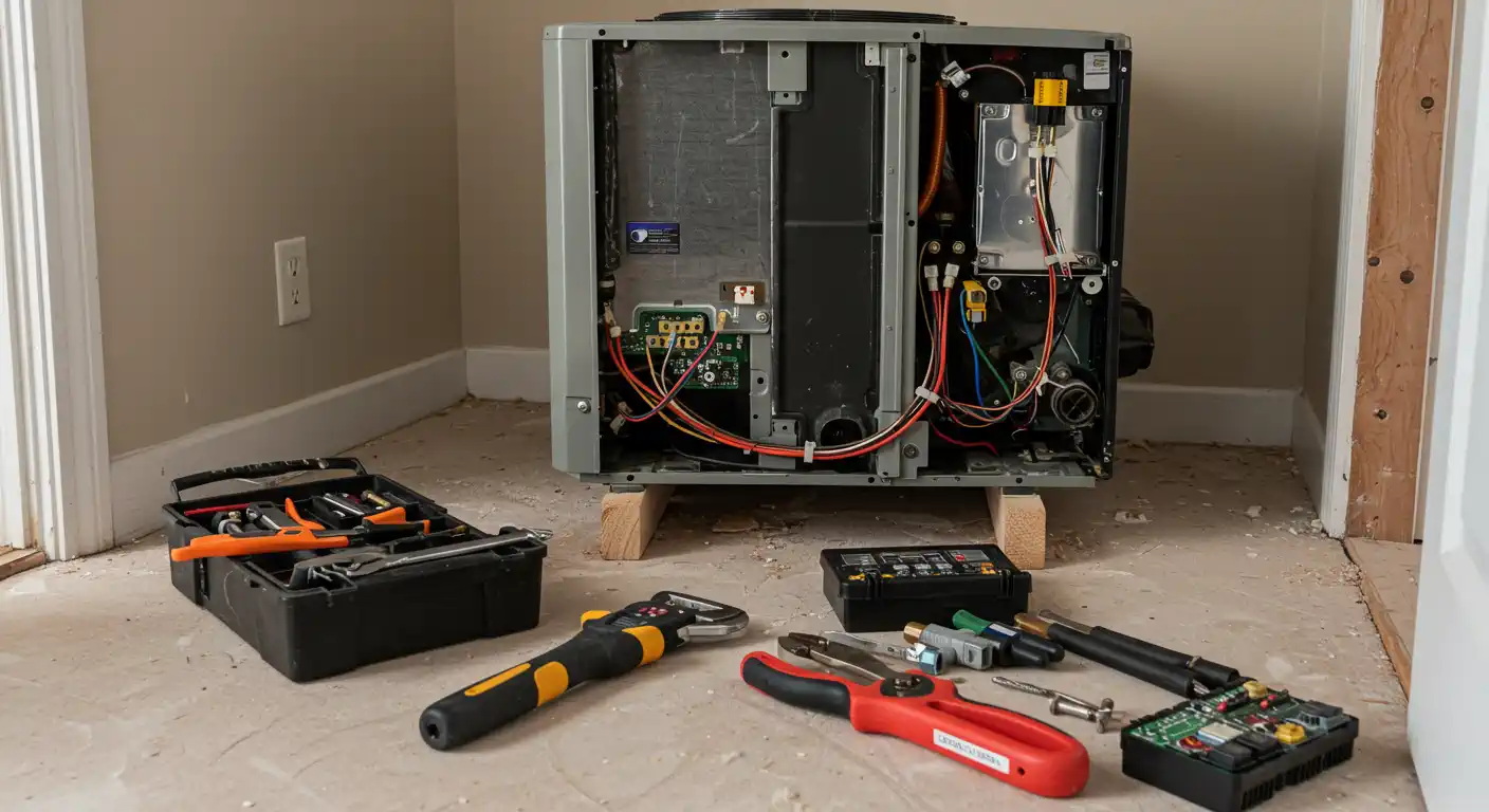 An image of a partially disassembled, box-shaped indoor HVAC unit (possibly a furnace or air handler) sitting on a floor. The unit is resting on wooden blocks, exposing its internal components like wiring, circuit boards, and the heat exchanger or coil area. Various tools, including a multimeter, wire strippers, and a toolbox, are scattered on the floor in front of the unit.
