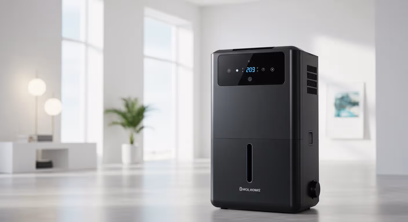 A sleek, black, rectangular dehumidifier/humidifier unit with a digital display sits on a white, modern floor with large windows and bright, minimalist decor in the background.