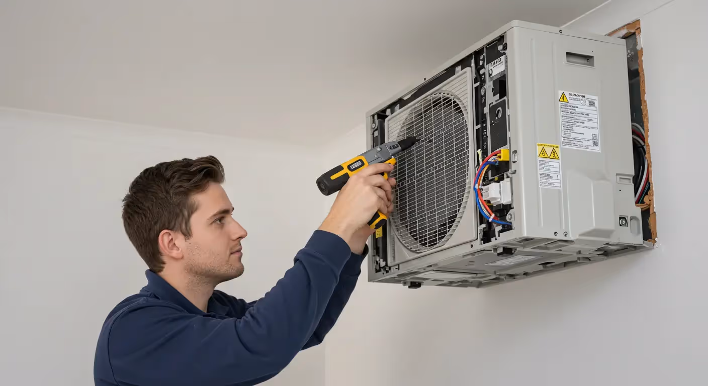 A person using a power screwdriver to perform maintenance on a wall-mounted air conditioning unit with its cover removed, revealing internal components like wiring, fan, and control modules. The individual appears to be adjusting screws on the unit’s front panel, illustrating HVAC servicing in progress.