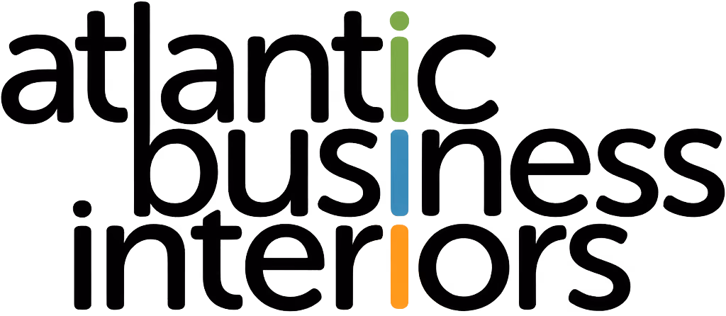 Logo with the words 'atlantic business interiors' in black lowercase letters with the three 'i's in green, blue, and orange respectively.