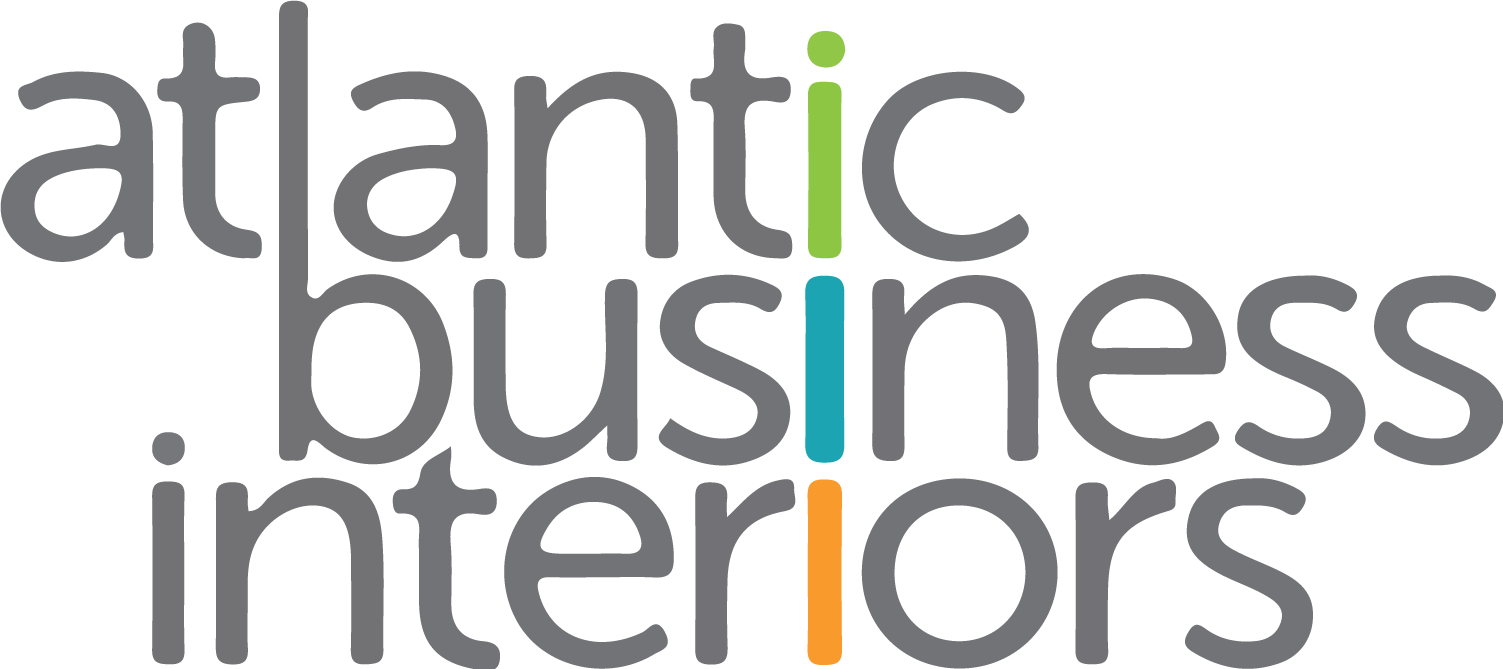 Logo with the words 'atlantic business interiors' in lowercase gray letters, with the letters i in 'atlantic', 'business', and 'interiors' highlighted in green, teal, and orange respectively.