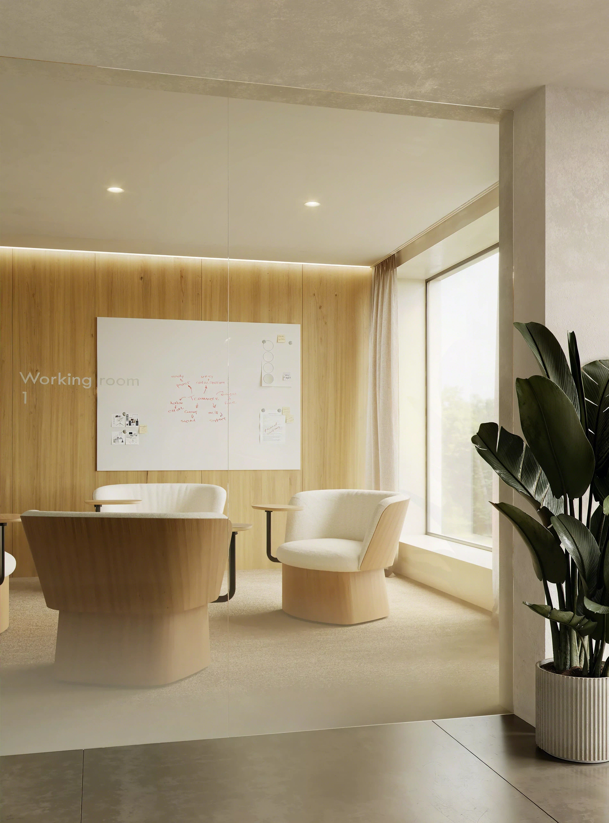 Modern working room with wooden chairs, whiteboard on wooden wall, large window, and green plant in a beige pot.