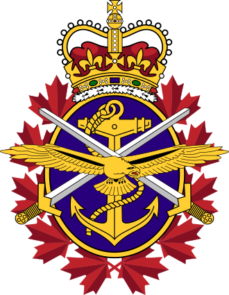 Emblem featuring a gold anchor crossed by two swords, an eagle with outstretched wings over a blue oval, surrounded by red maple leaves and topped with a crown.