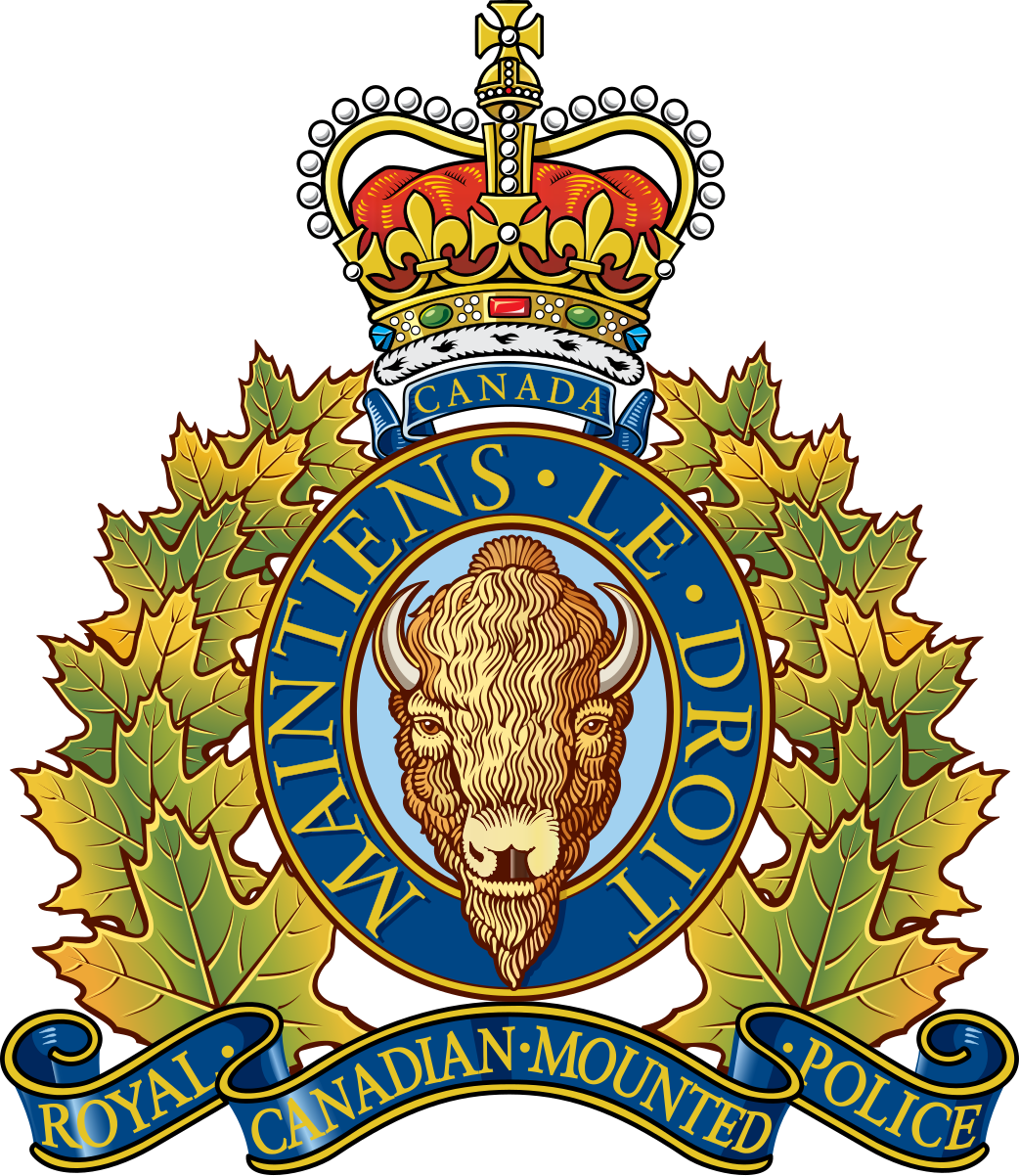 Coat of arms of the Royal Canadian Mounted Police featuring a bison head surrounded by maple leaves, topped with a royal crown, and a banner reading 'Royal Canadian Mounted Police'.