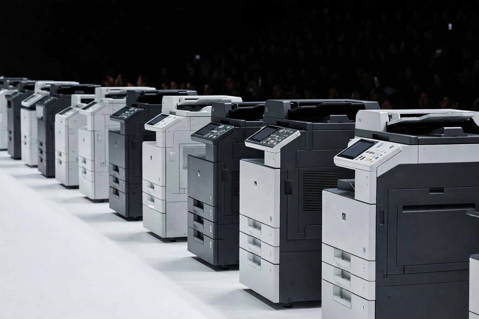 Row of large office multifunction printers or copiers lined up indoors.