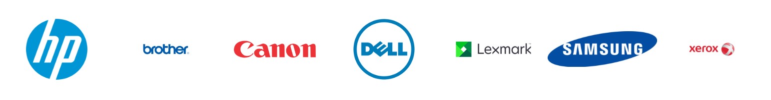 Row of technology partner logos including HP, Brother, Canon, Dell, Lexmark, Samsung, and Xerox.
