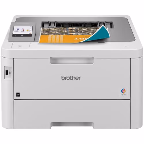 Brother color laser printer with a touchscreen display and a printed page partially ejected on top.