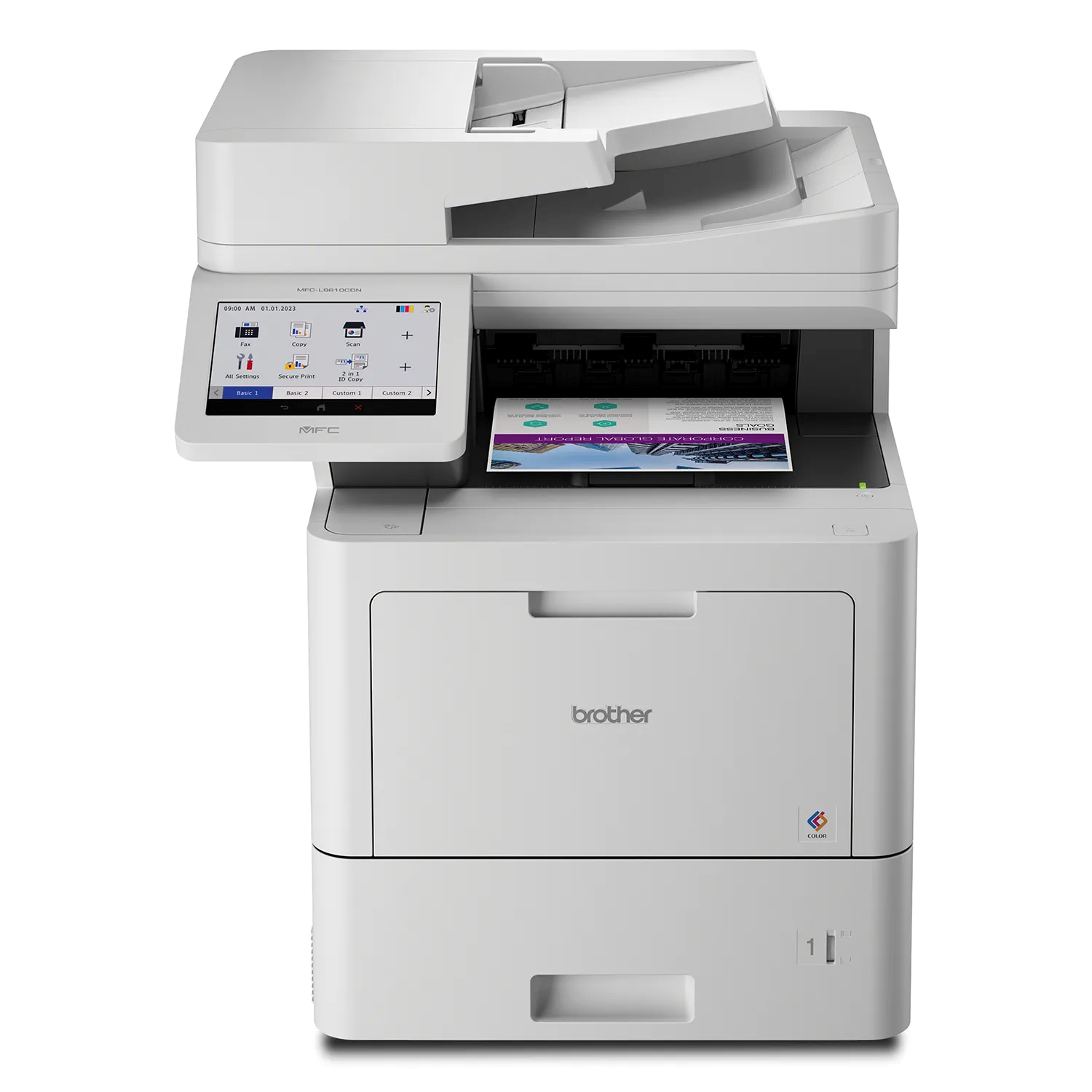Brother multifunction color printer with touchscreen display and a printed color document.