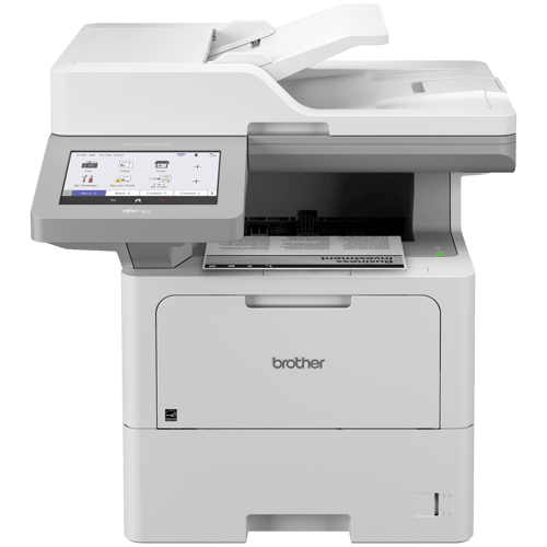 Brother multi-function laser printer with touchscreen display and paper output tray.