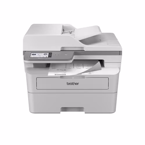 Brother multifunction printer with a document being printed and an angled paper feeder on top.