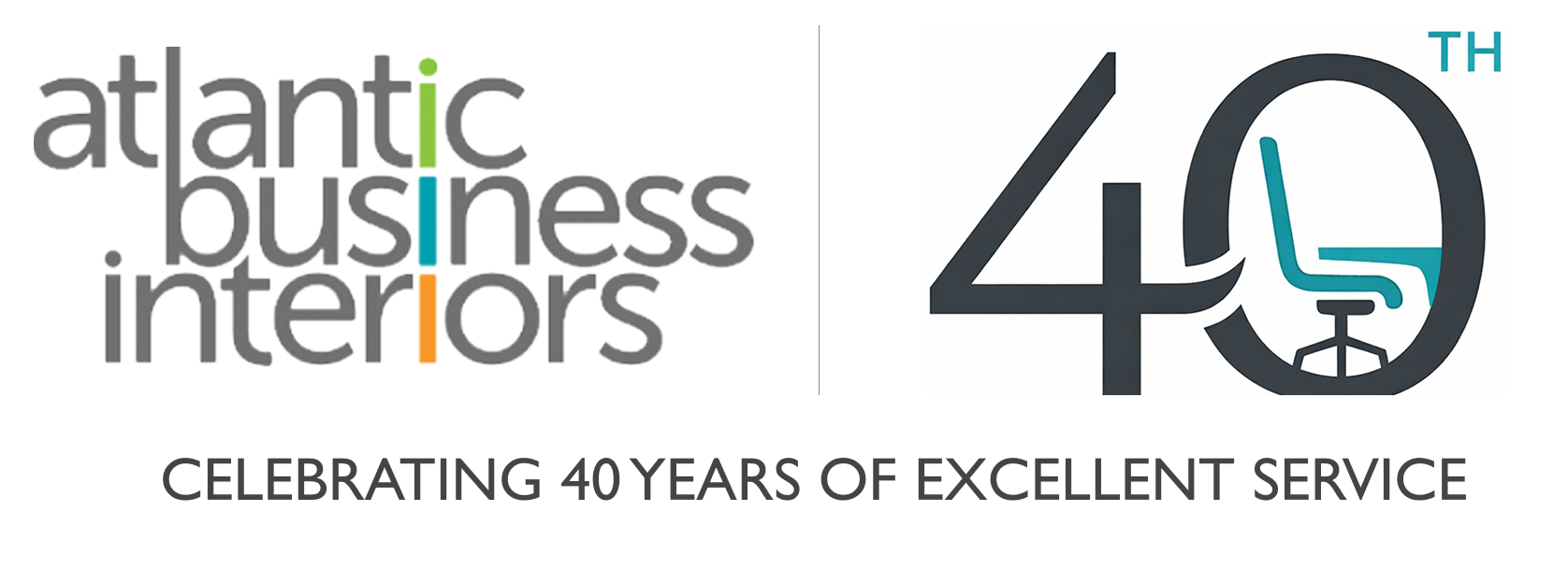 Atlantic Business Interiors logo next to a 40th anniversary graphic featuring an office chair inside the number 0, with text celebrating 40 years of excellent service.