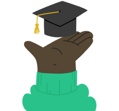 Dark-skinned hand wearing a green sleeve holding a black graduation cap with a yellow tassel.