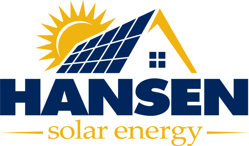 Hansen Solar Energy logo featuring a sun, solar panel, and house roof design.