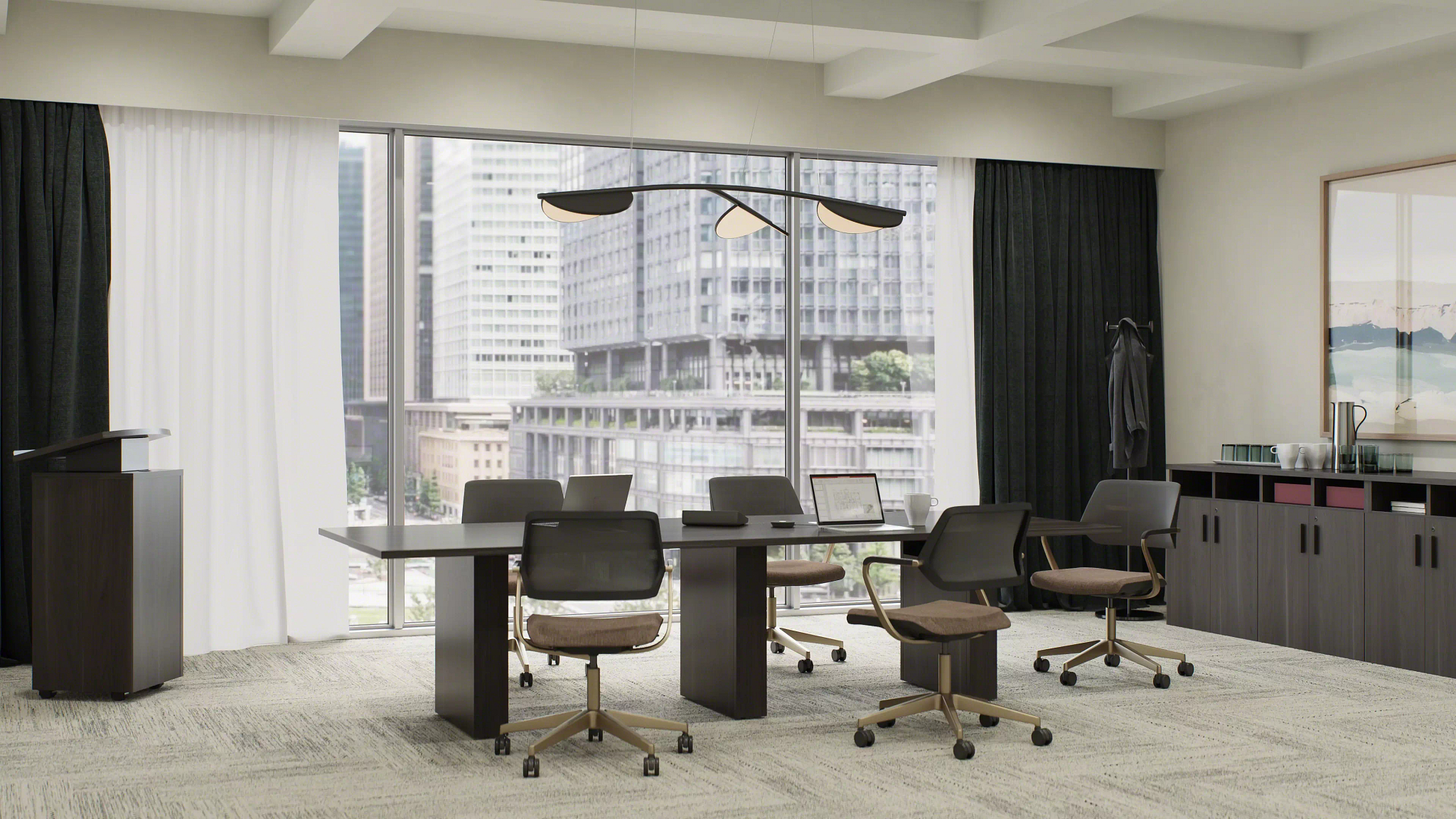 Modern conference room with a long wooden table, white swivel chairs, and large windows showing a city skyline.