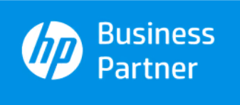 HP Business Partner logo with 'hp' in a circle and text on a blue background.