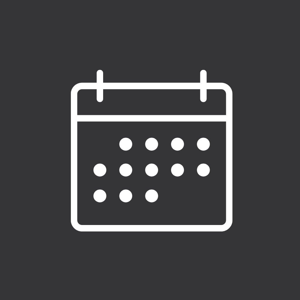 Minimalist white calendar icon with grid dots on a dark gray background.