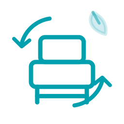 Icon of a chair with arrows around it and a leaf, symbolizing reuse and refurbishment.