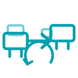 Icon showing two chairs connected by an arrow forming a circular motion, symbolizing moves or reconfigurations.